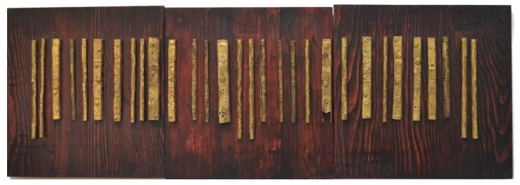 Memorial I, Reclaimed wood and brass, 60'' x 20'', 2018.