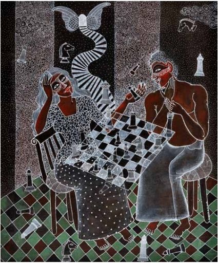 Chess Players, Acrylic and rotring ink on canvas, 26.7ââ x 21.3ââ, 2019.