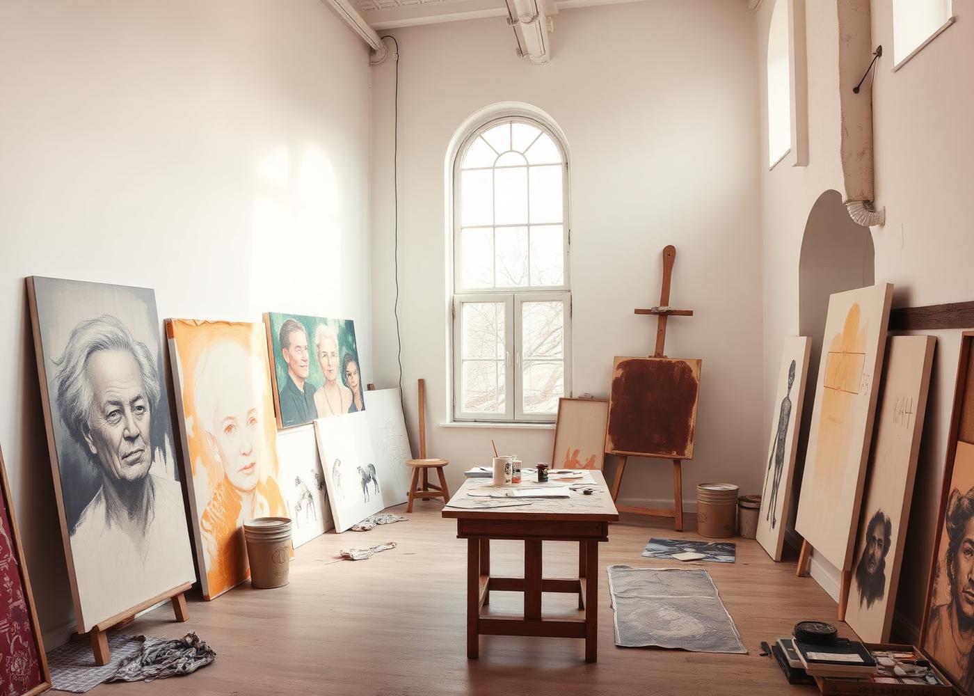 An artist's studio with canvases leaning against the wall